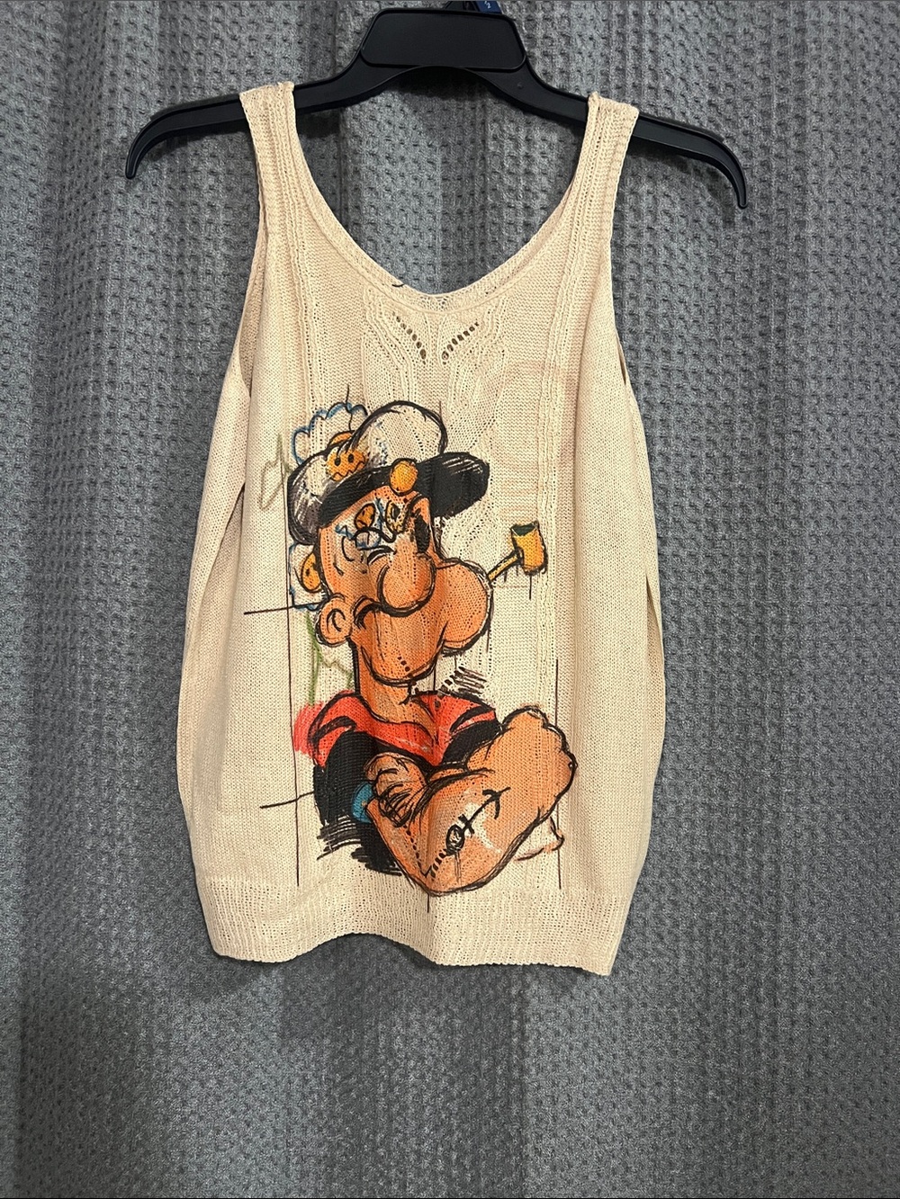 Cream V-Neck Sleeveless Knit Sweater Tank with Graphic